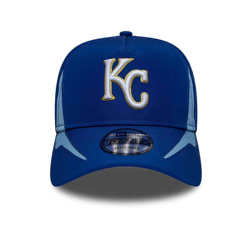 Kansas City Royals MLB Panel Blue New Era 9TWENTY A-Frame Adjustable Cap, front view showing a white and gold embroidered KC logo on the structured blue crown and a 9TWENTY size sticker centred on the blue curved visor.