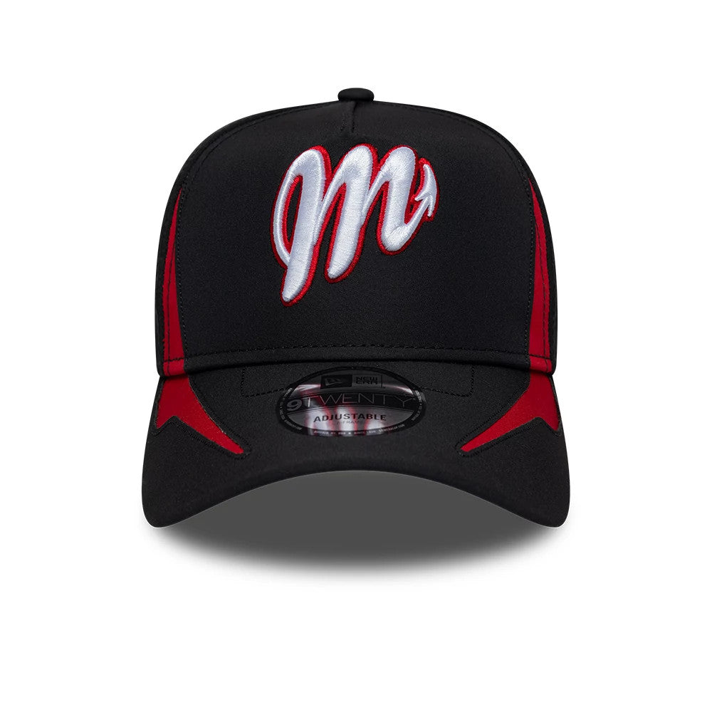 Mexico Diablos LMB Panel Black New Era 9TWENTY A-Frame Adjustable Cap, front view showing a white raised embroidered M logo on the black crown with red accents, a black curved visor and a 9TWENTY size sticker centred on the visor.