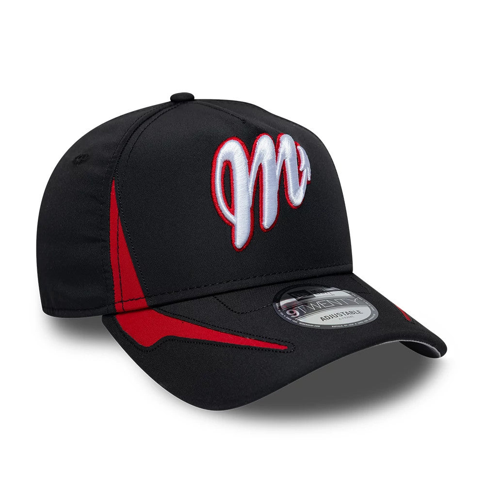 Mexico Diablos LMB Panel Black New Era 9TWENTY A-Frame Adjustable Cap, three-quarter view showing a raised white embroidered M logo with red outline on the black front panel, black visor with red accent details, and 9TWENTY size sticker.