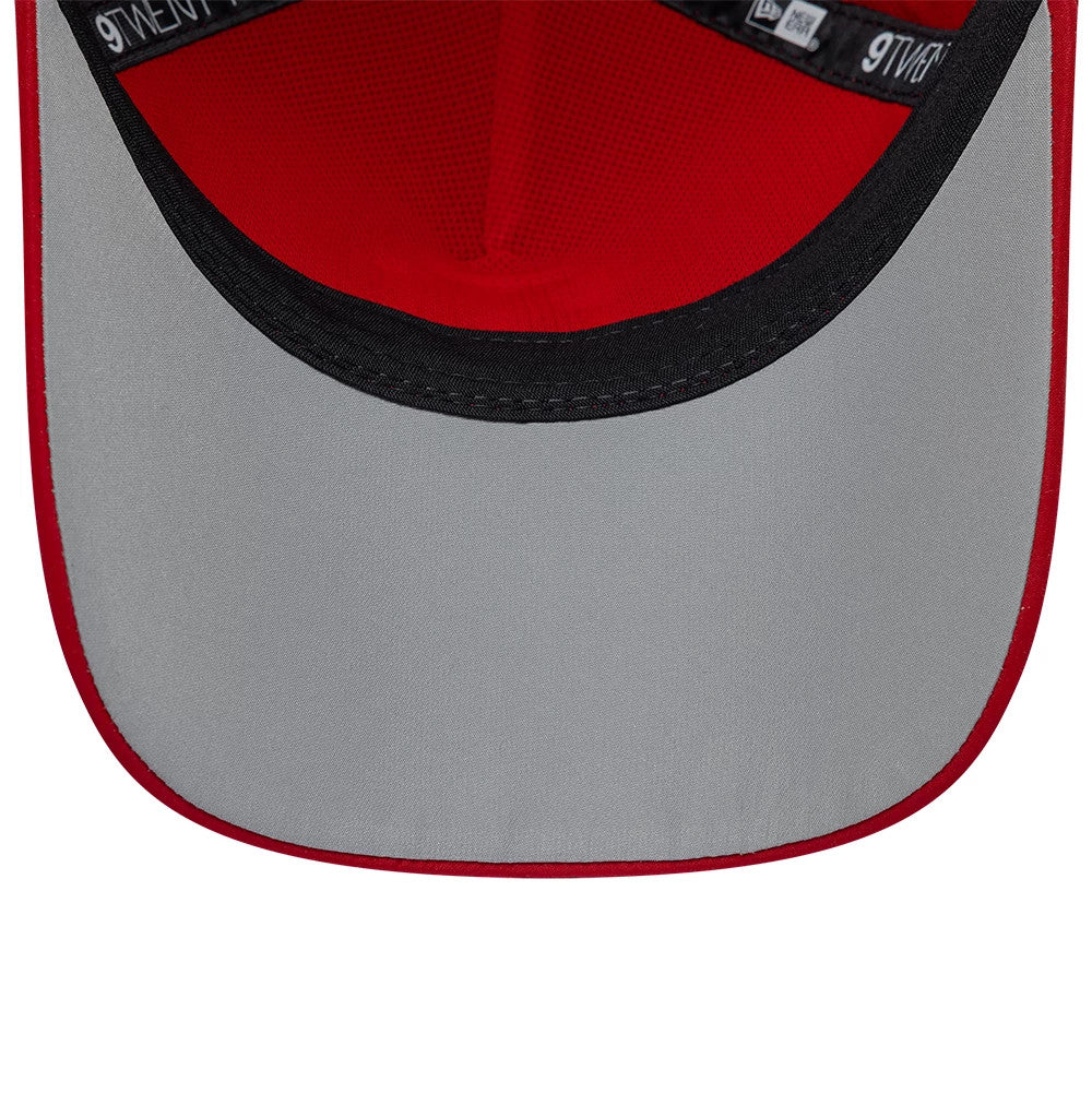 Sultanes De Monterrey LMB Panel Red New Era 9TWENTY A-Frame Adjustable Cap, inside view showing the grey undervisor, black sweatband with white 9TWENTY branding, and red taping on the red interior crown panels.