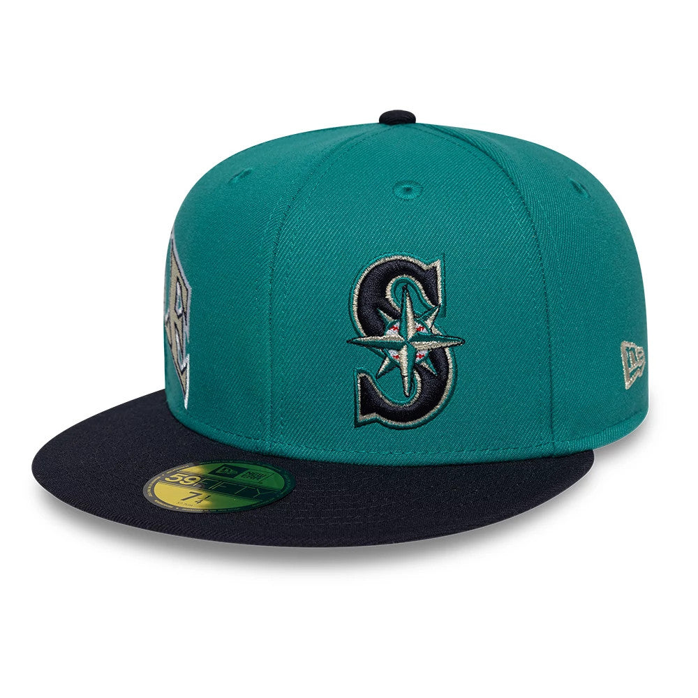 Pictured is this MLB Multi Logo Seattle Mariners 59FIFTY Fitted cap in green. 4