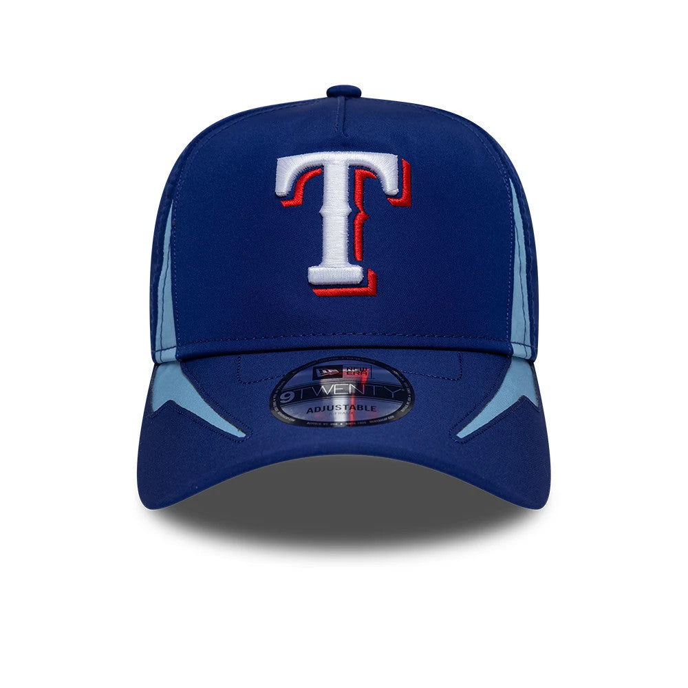 Texas Rangers MLB Panel Dark Blue New Era 9TWENTY A-Frame Adjustable Cap, front view showing the raised white and red embroidered T logo on the structured dark blue crown, paired with a blue visor and a 9TWENTY size sticker on top.
