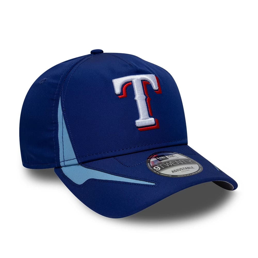 Texas Rangers MLB Panel Dark Blue New Era 9TWENTY A-Frame Adjustable Cap, three-quarter view showing the raised white and red embroidered T logo on the front panel, with a blue curved visor and a 9TWENTY size sticker on the visor.