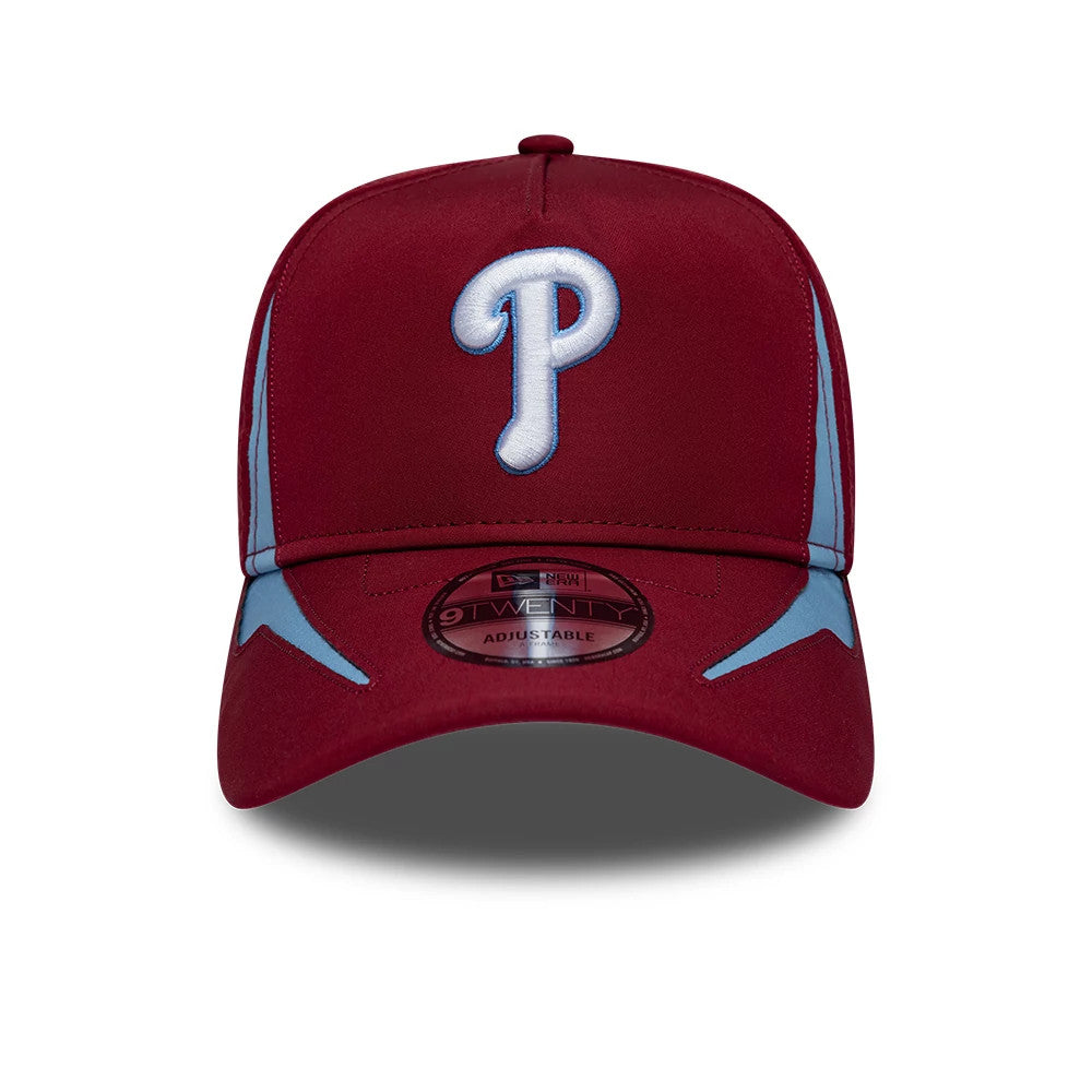 Philadelphia Phillies MLB Panel Dark Red New Era 9TWENTY A-Frame Adjustable Cap, front view showing a raised white embroidered P logo on the dark red crown, light blue panels extending towards the visor.