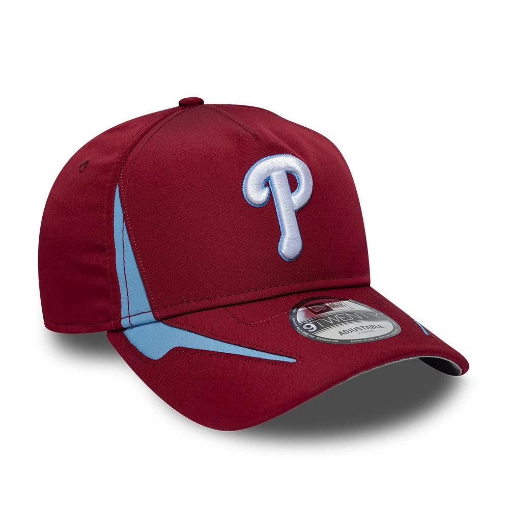 Philadelphia Phillies MLB Panel Dark Red New Era 9TWENTY A-Frame Adjustable Cap, three-quarter view with a white embroidered P logo on the front panel, blue on the red visor, and a 9TWENTY size sticker on the visor.