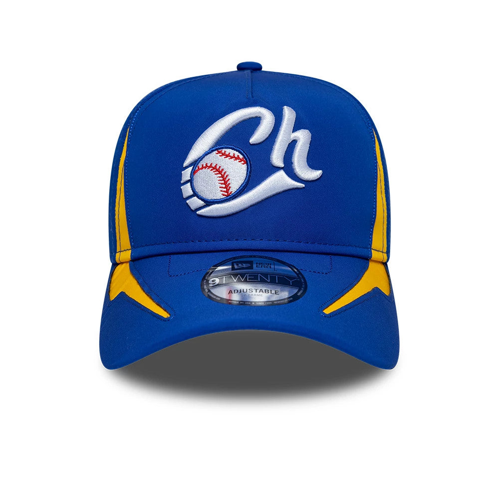 Charros De Jalisco LMB Panel Blue New Era 9TWENTY A-Frame Adjustable Cap, front view showing a large white and blue embroidered Ch logo with a baseball motif, contrasted by yellow panel accents and a 9TWENTY size sticker on the blue curved visor.