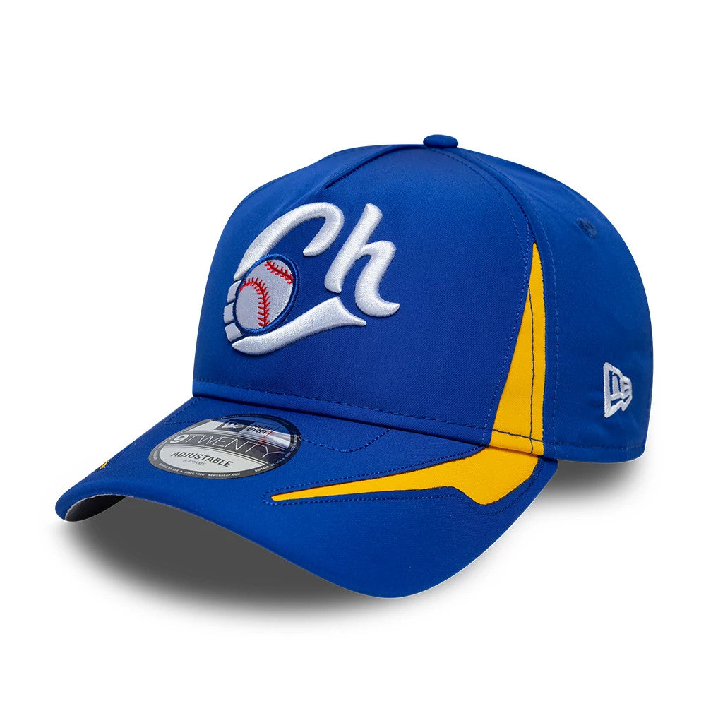 Charros De Jalisco LMB Panel Blue New Era 9TWENTY A-Frame Adjustable Cap, three-quarter view showing a raised white and red baseball logo embroidered on the front panel, a blue curved visor with a 9TWENTY size sticker.