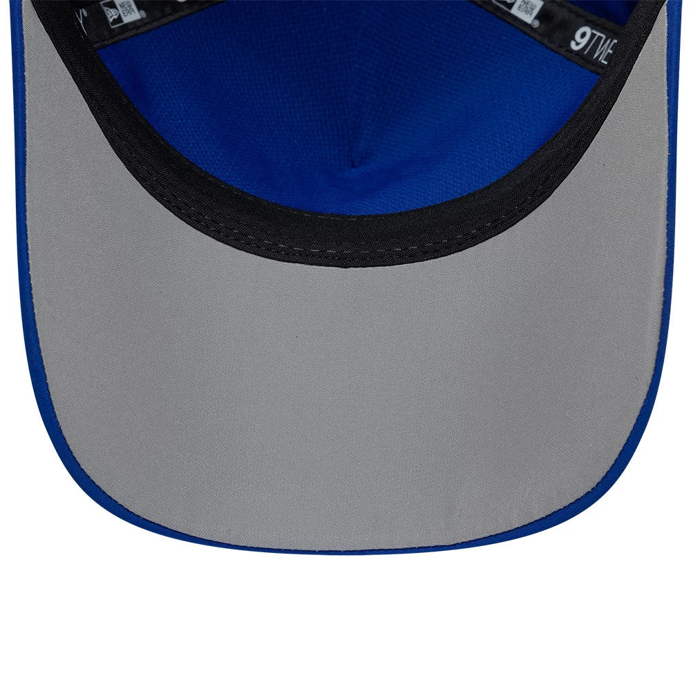 Charros De Jalisco LMB Panel Blue New Era 9TWENTY A-Frame Adjustable Cap, inside view showing the black sweatband, grey undervisor, and blue interior panels with the repeating New Era logo across the taping.
