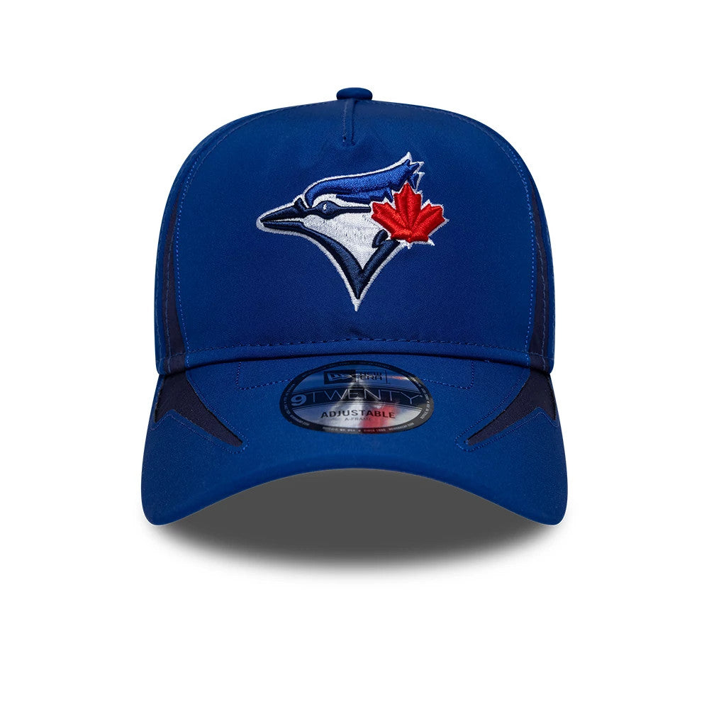 Toronto Blue Jays MLB Panel Blue New Era 9TWENTY A-Frame Adjustable Cap, front view showing the raised embroidered Blue Jays logo in white and red on the centre blue panel, with a blue curved visor and 9TWENTY size sticker.
