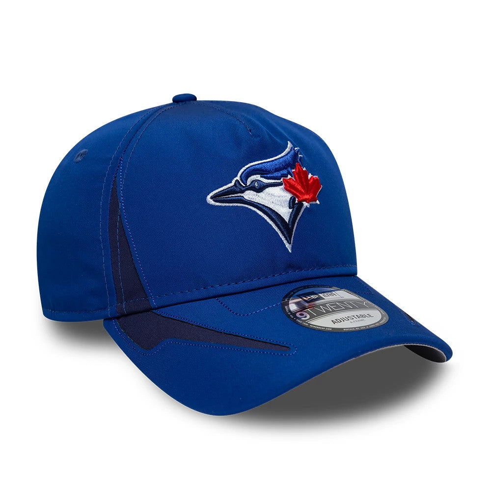 Toronto Blue Jays MLB Panel Blue New Era 9TWENTY A-Frame Adjustable Cap, three-quarter view showing the raised embroidered Blue Jays logo on the front panel, a curved blue visor with a 9TWENTY size sticker, and blue top button.