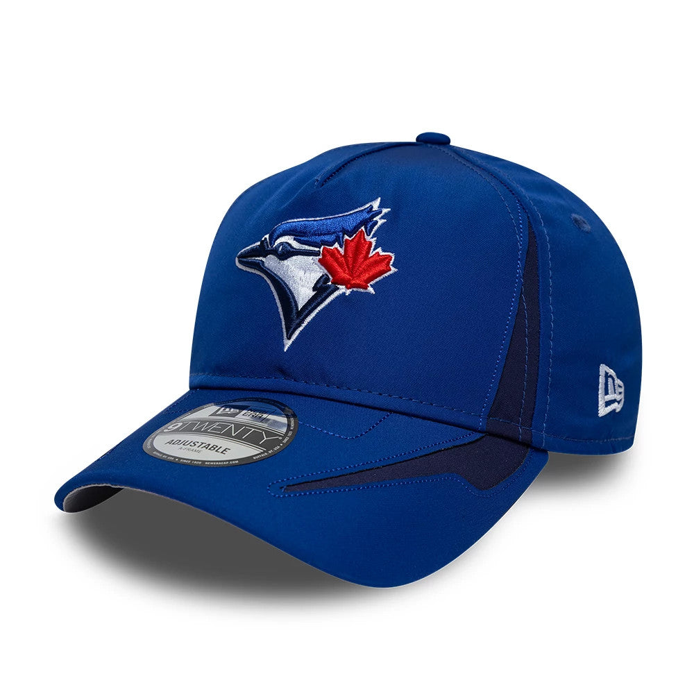 Toronto Blue Jays MLB Panel Blue New Era 9TWENTY A-Frame Adjustable Cap, front view showing the raised Blue Jays logo with a red maple leaf embroidered on the front panel, a black curved visor, and a 9TWENTY size sticker.