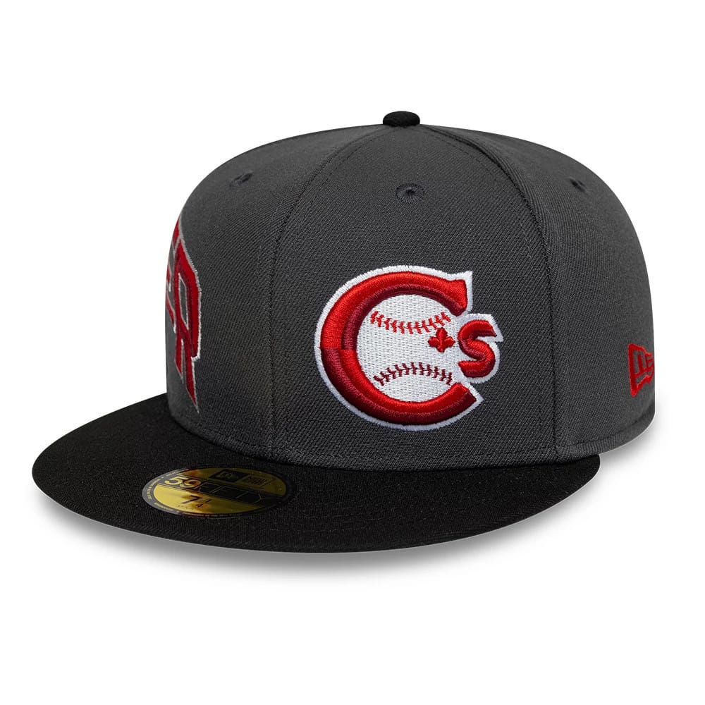 Pictured is this MiLB Multi Logo Vancouver Canadians 59FIFTY Fitted cap in charcoal. 1