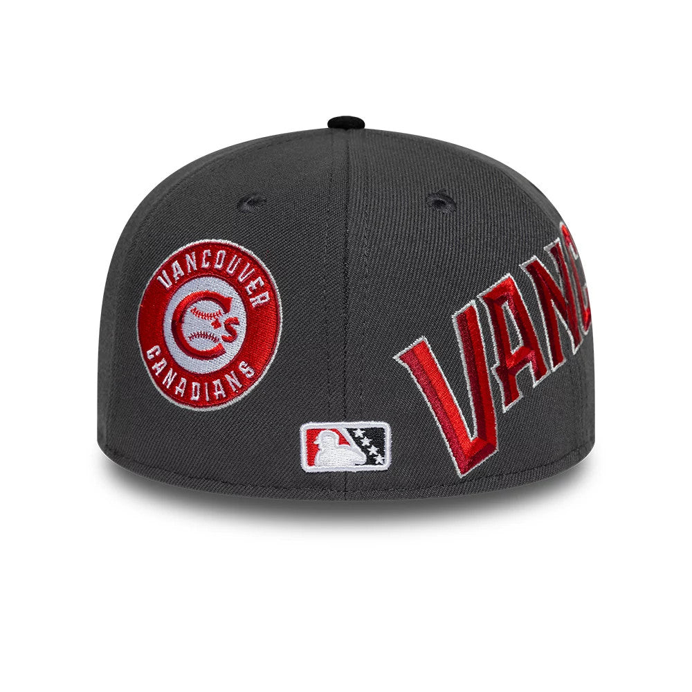 Pictured is this MiLB Multi Logo Vancouver Canadians 59FIFTY Fitted cap in charcoal. 4