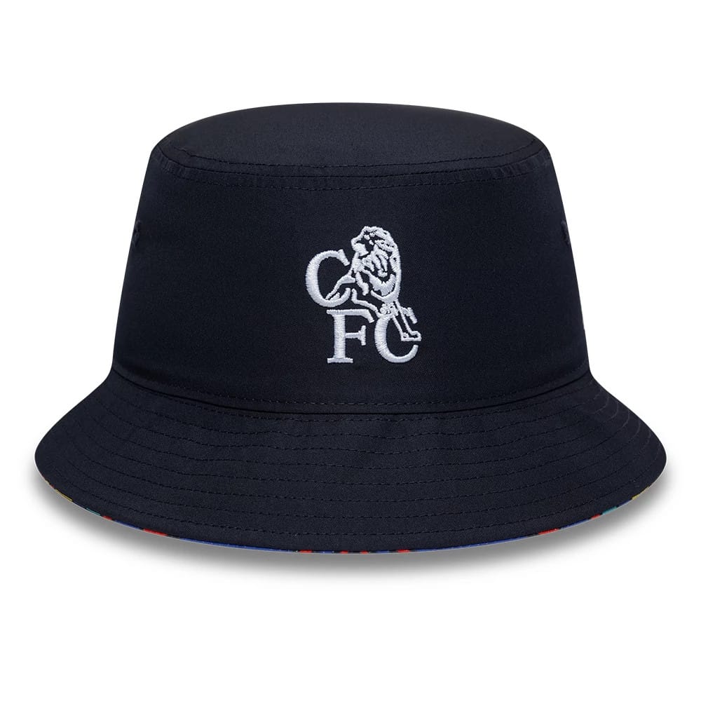 Pictured is this Retro Goal Keeper Chelsea FC Lion Crest Bucket cap in navy. 4
