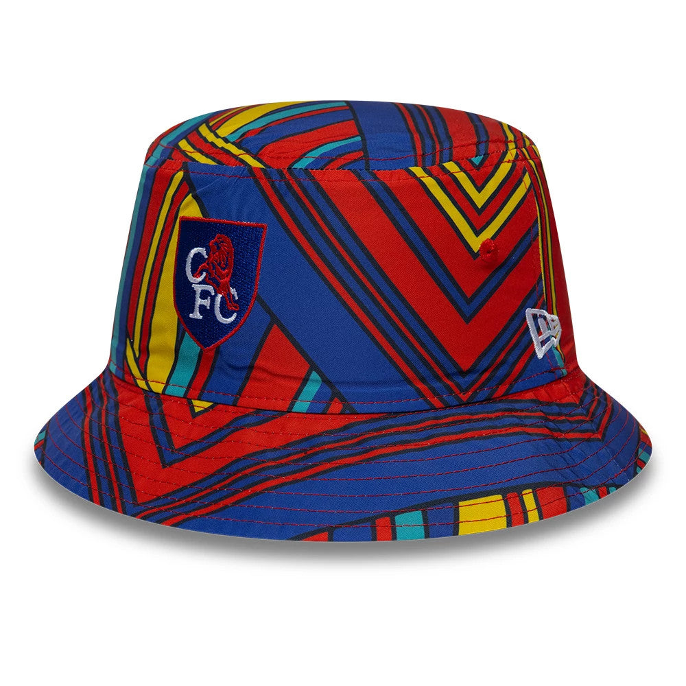 New Era Chelsea FC Retro Goal Keeper Navy Reversible Bucket Hat, front view showing the multicoloured geometric pattern with blue, red, and yellow lines, the Chelsea FC crest embroidered on the front panel.