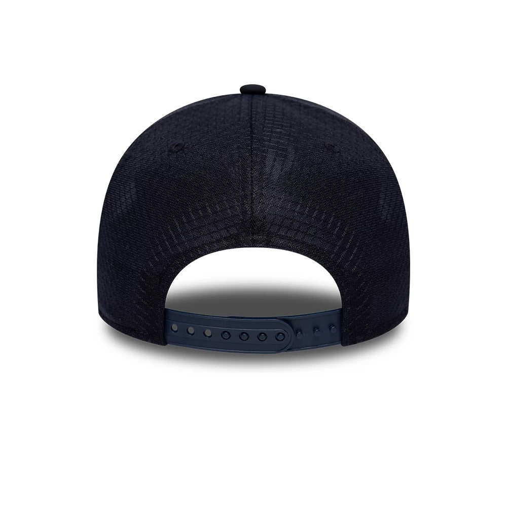 Chelsea FC Retro Goal Keeper Navy New Era 9TWENTY A-Frame Adjustable Cap, rear view showing the adjustable navy strap at the bottom of the dark textured crown, featuring a slightly curved shape and top button.