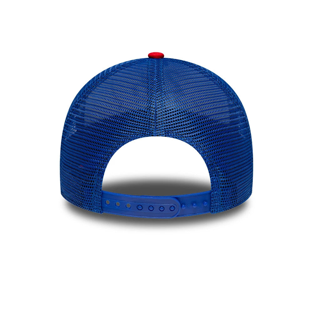 24HR Le Mans Track Blue New Era 9FORTY A-Frame Trucker Adjustable Cap, rear view showing the structured blue mesh panels, a bright red top button contrasting with the blue cap, and an adjustable blue snap closure at the back.