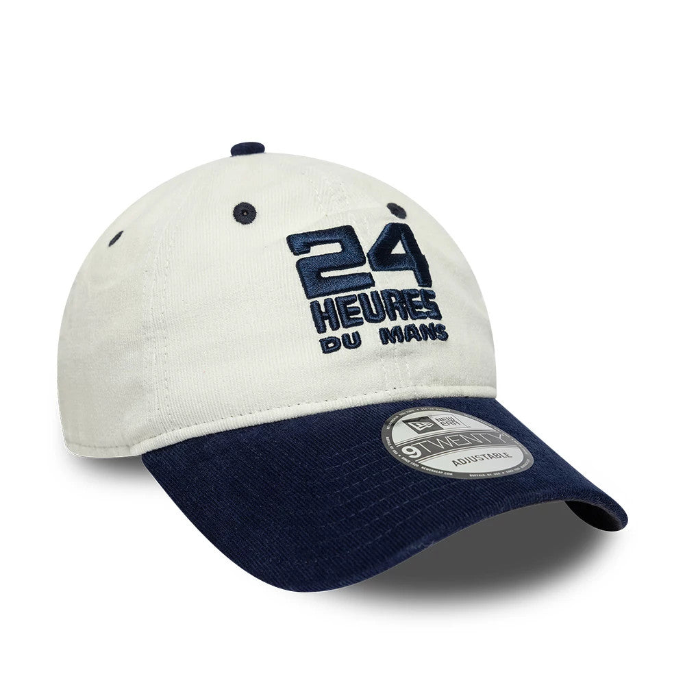24HR Le Mans Contrast Cord Cream New Era 9TWENTY Adjustable Cap, front view showing navy blue 24 Heures Du Mans embroidery on a cream corduroy crown, a navy corduroy visor, and the grey 9TWENTY size sticker on the visor.
