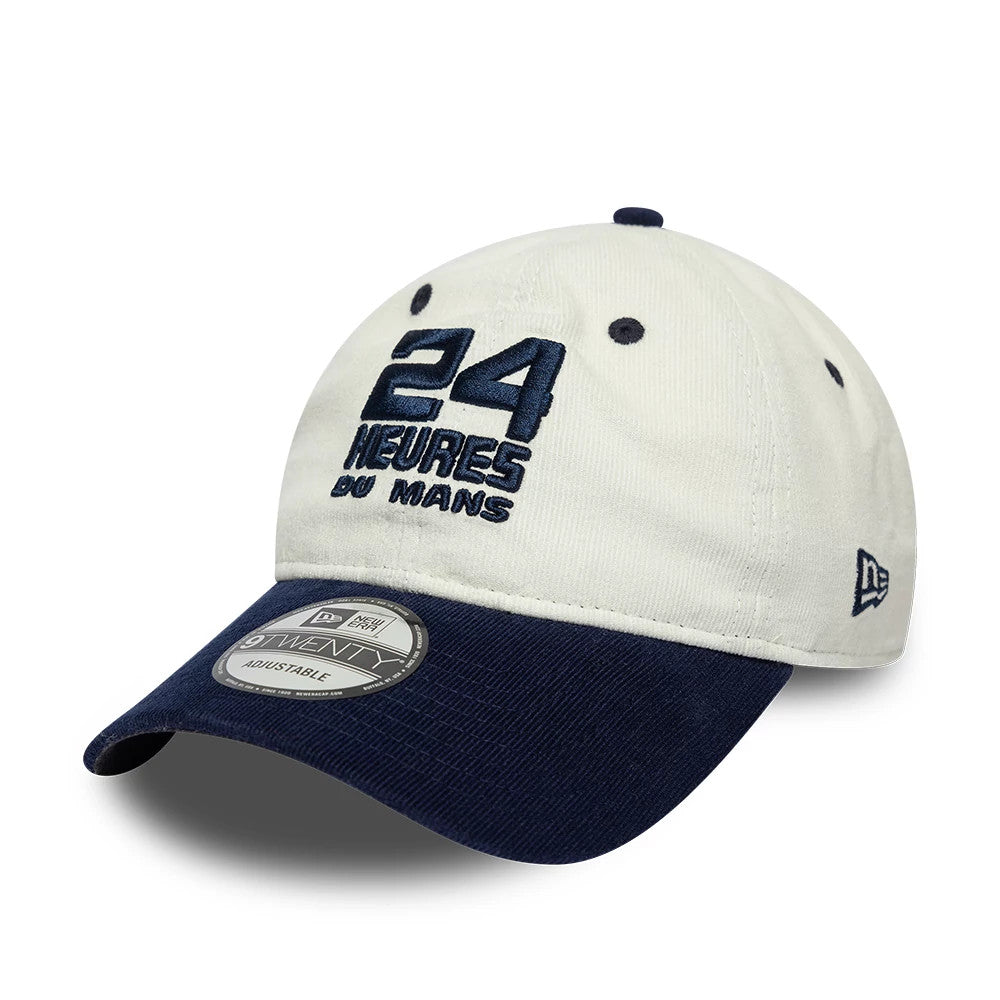 24HR Le Mans Contrast Cord Cream New Era 9TWENTY Adjustable Cap, front view showing navy raised embroidery on the cream front panel with 24 Heures du Mans text, dark navy corduroy curved visor with a 9TWENTY size sticker.