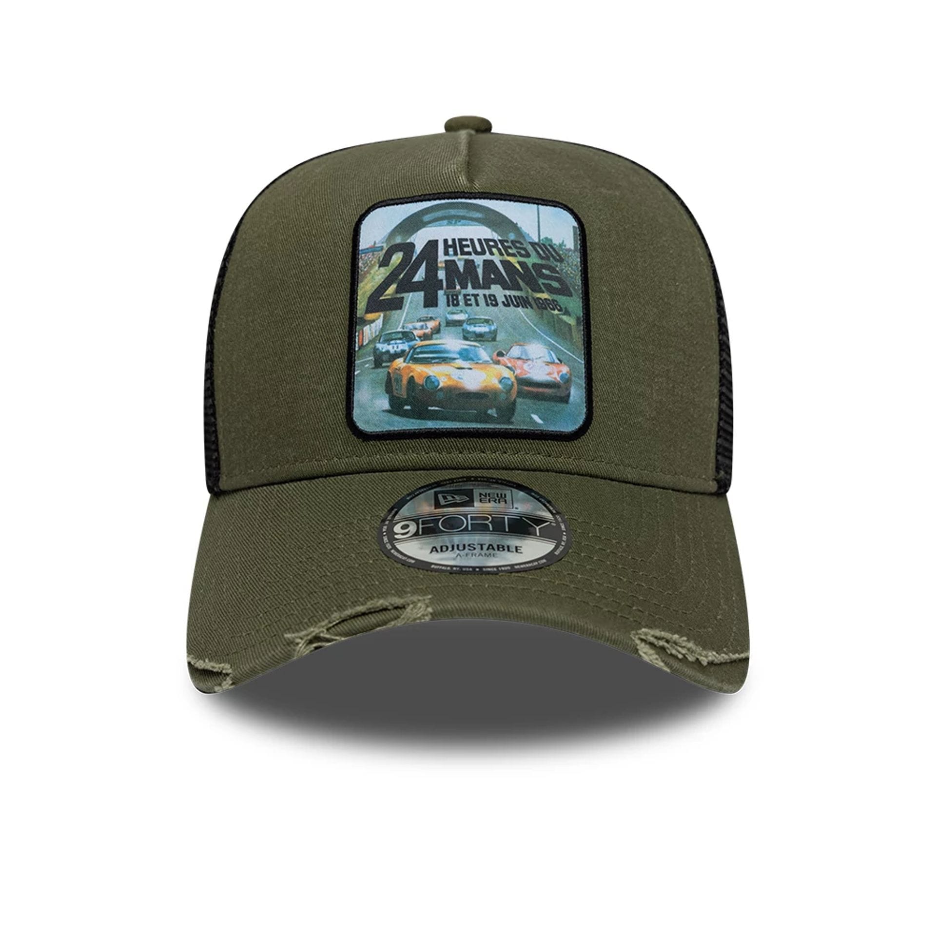 Pictured is this Washed Graphic 24HR Le Mans 9FORTY A-Frame Trucker cap in green. 2