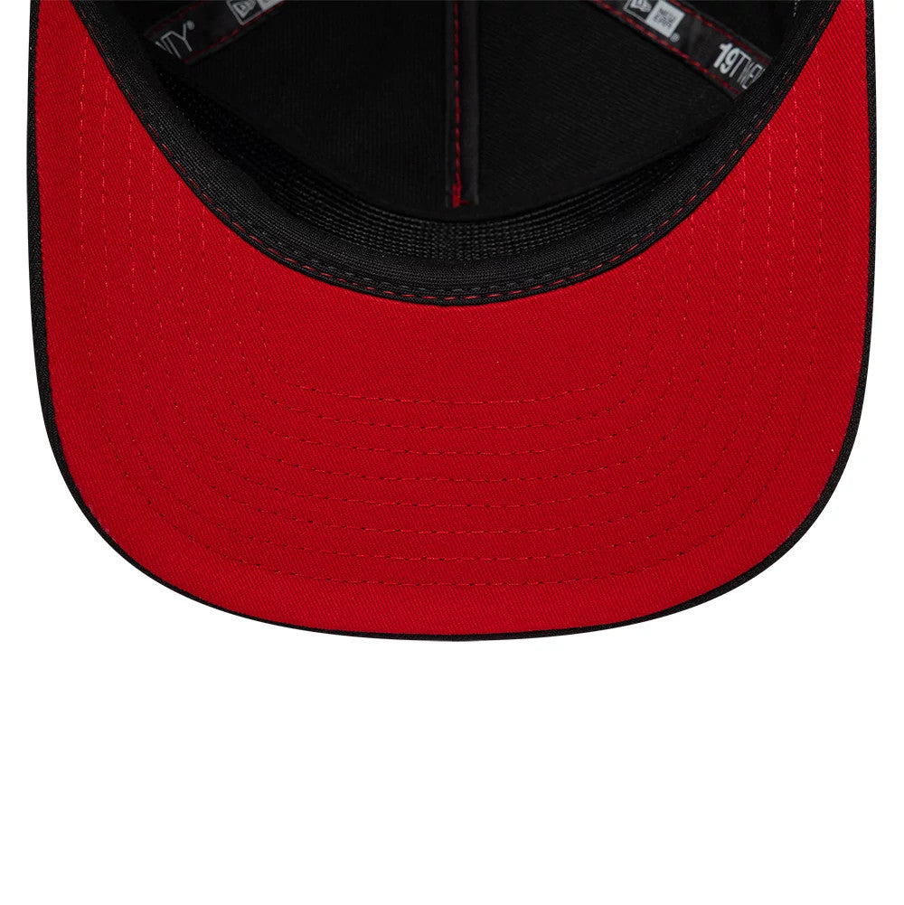 Harry Potter Gryffindor Black New Era 19TWENTY Adjustable Cap, inside view showing the black taping with white lettering on the seams, a red undervisor, and the black sweatband lining the interior edge.