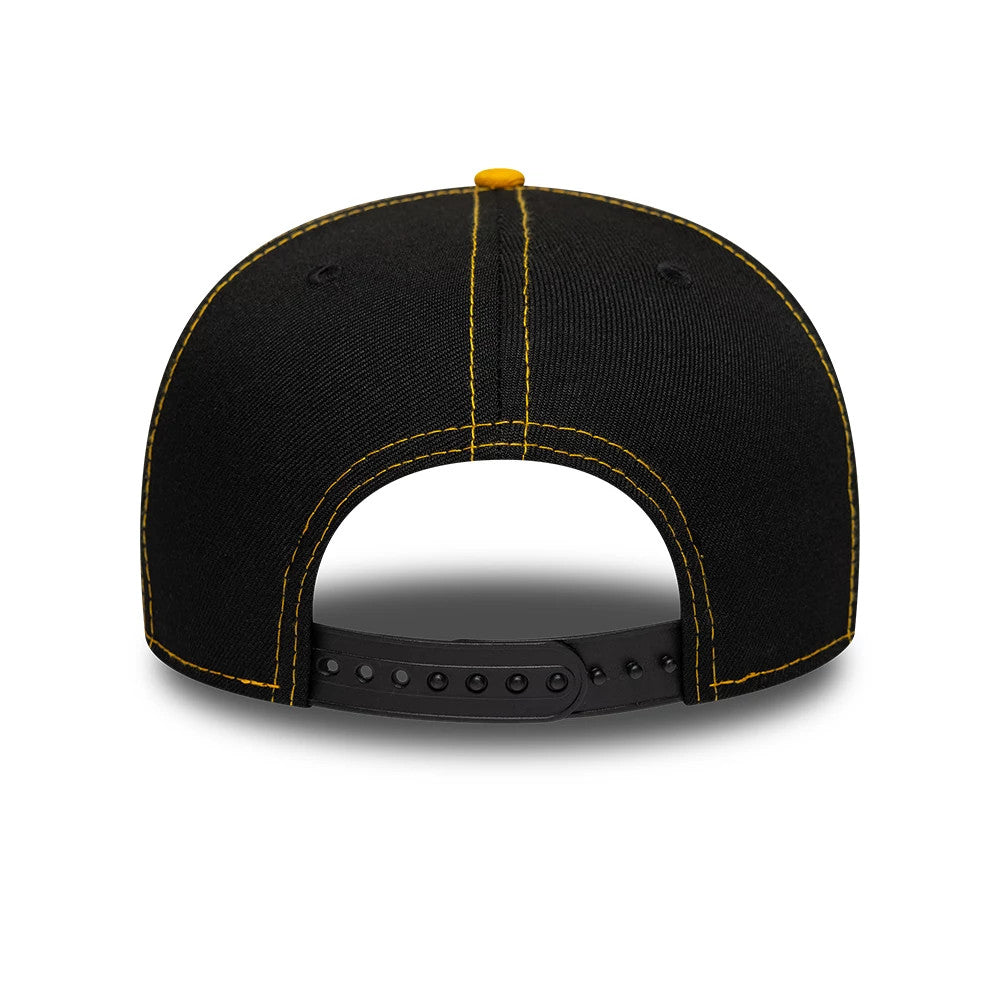 Harry Potter Hufflepuff Black New Era 19TWENTY Adjustable Cap, rear view showing the yellow top button, adjustable black snap closure, and contrasting yellow stitching along the centre seam and around the curved opening of the black crown.