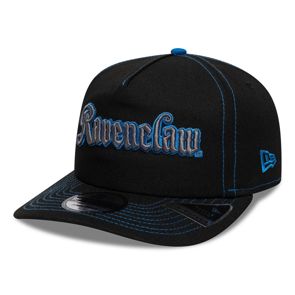 Harry Potter Ravenclaw Blue New Era 19TWENTY Adjustable Cap, front view showing raised Ravenclaw lettering in grey with blue outline embroidery on the black front panel, black flat visor with blue stitching.