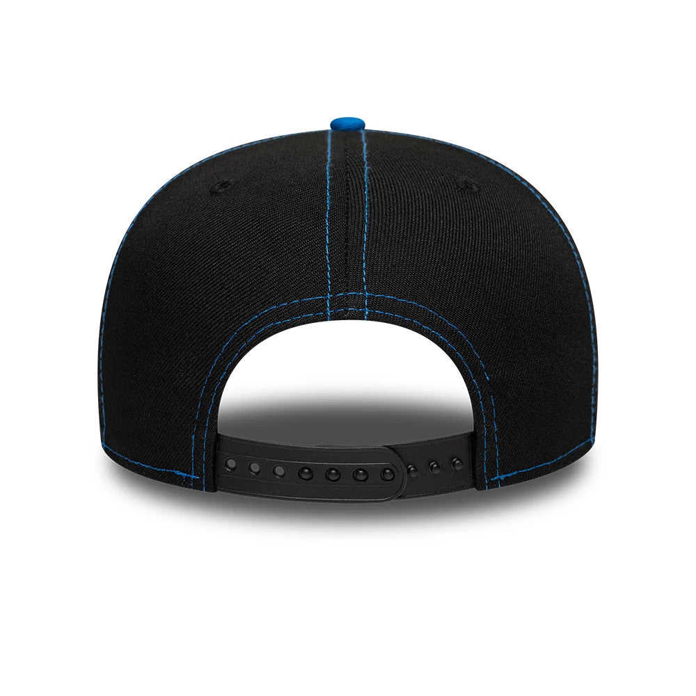 Harry Potter Ravenclaw Blue New Era 19TWENTY Adjustable Cap, rear view showing detailed blue contrast stitching along the black panels and a black adjustable snap closure, with the top button also in blue for accenting.
