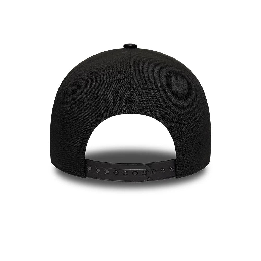 Harry Potter Slytherin Black New Era 9FORTY A-Frame Adjustable Cap, rear view showing a plain black back with a curved rounded shape, featuring a black adjustable snap closure, reinforced eyelets and a top button to complete the look.