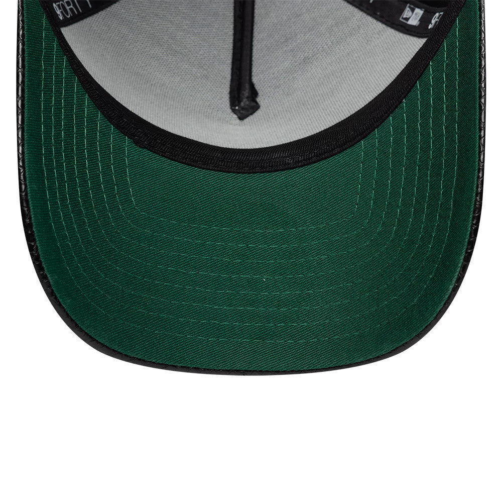 Harry Potter Slytherin Black New Era 9FORTY A-Frame Adjustable Cap, inside view showing the green undervisor with stitching, a grey sweatband lining the interior, and black inner taping featuring New Era branding.