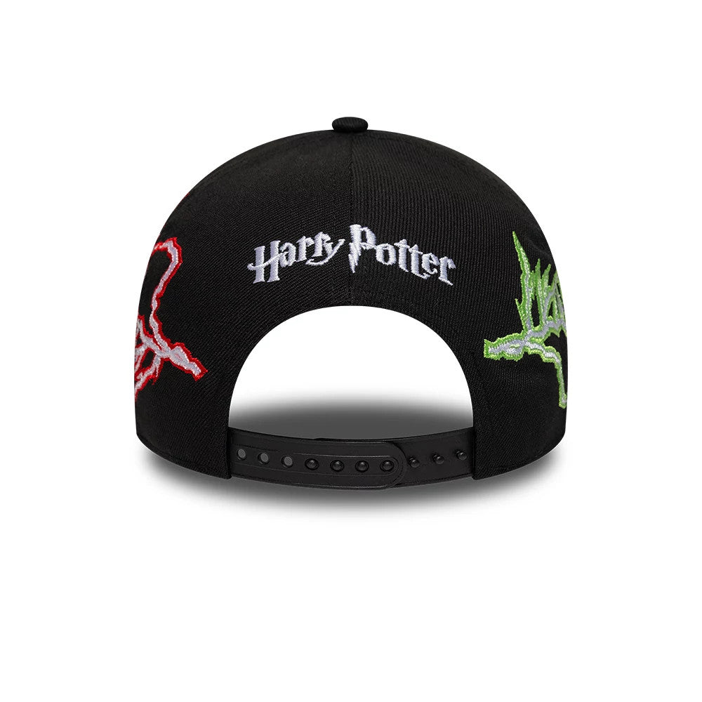 Harry Potter Duel Black New Era 9FORTY M-Crown A-Frame Adjustable Cap, rear view showing the white embroidered Harry Potter logo at the centre of the back panels, with red and green embroidered graphic designs on either side.