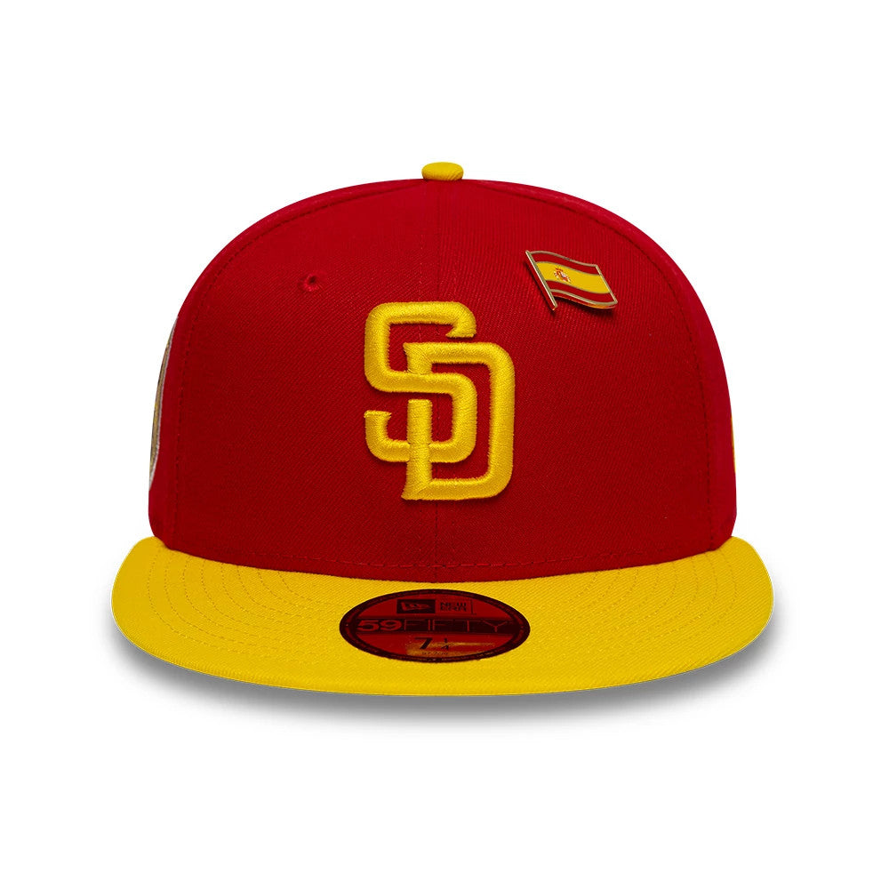 Pictured is this MLB Sister Cities San Diego Padres 59FIFTY Fitted cap in red & yellow. 3