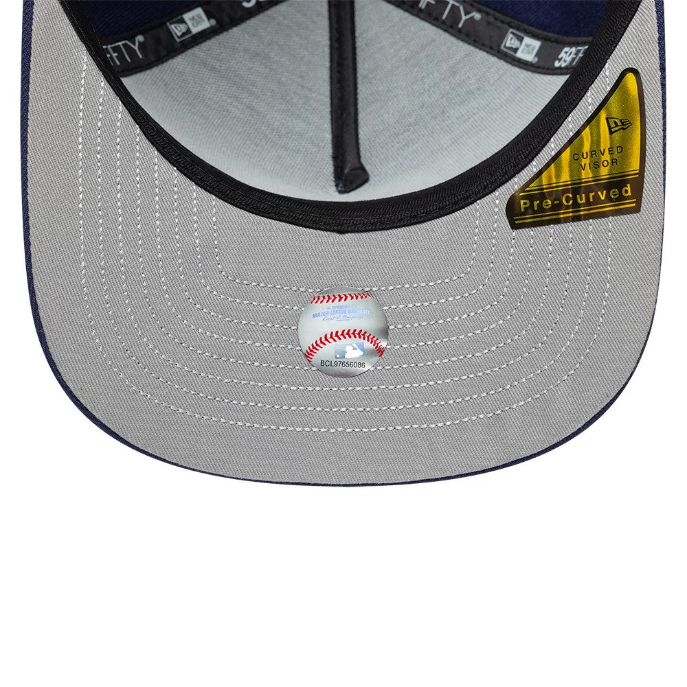 LA Dodgers MLB All Star Game Navy New Era 59FIFTY A-Frame Fitted Cap, inside view showing a grey undervisor with neat white stitching, black branded taping along the seams, and a curved visor sticker on the right.