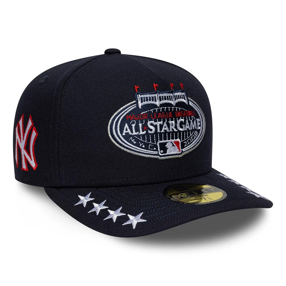 New York Yankees MLB All Star Game Navy New Era 59FIFTY A-Frame Fitted Cap, front view showing a detailed 2008 All Star Game patch embroidered on the front panel, a series of white stars on the navy visor, and the gold 59FIFTY size sticker.