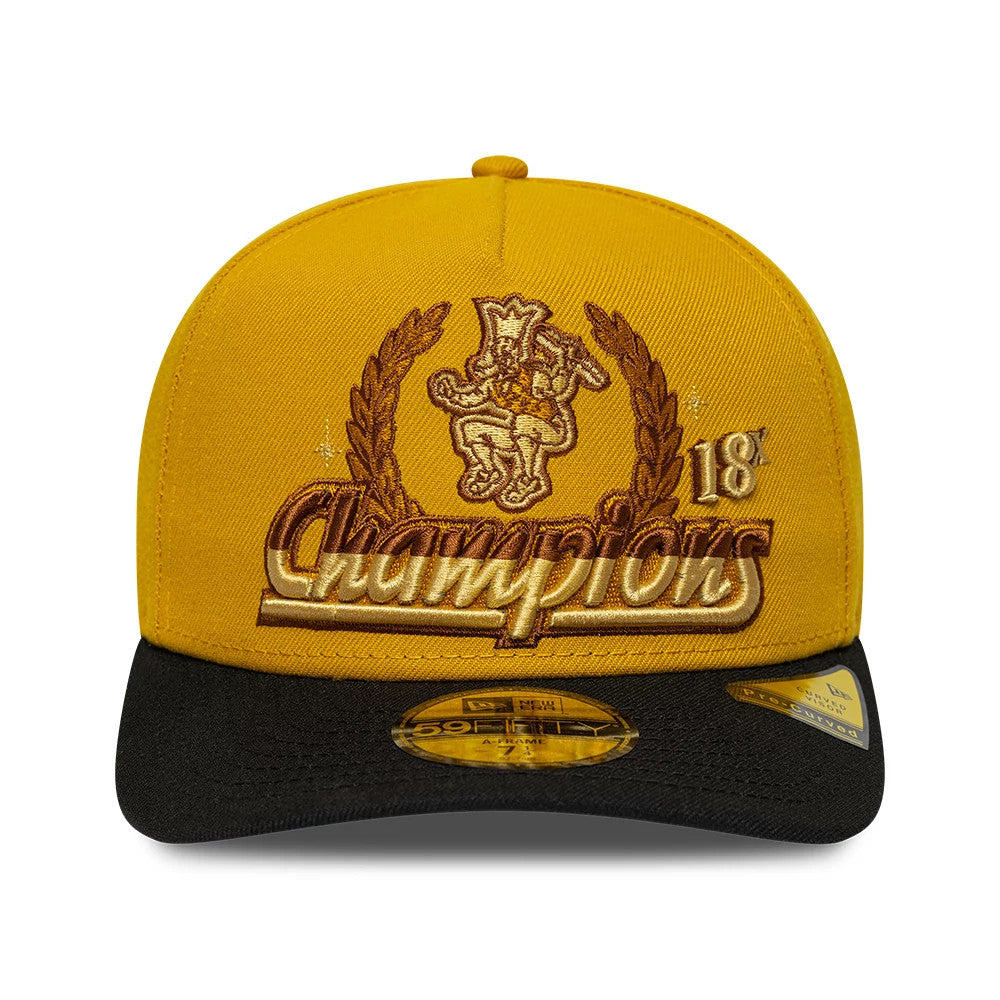 Pictured is this NBA Boston Celtics 59FIFTY A-Frame Fitted cap in gold & black. 3