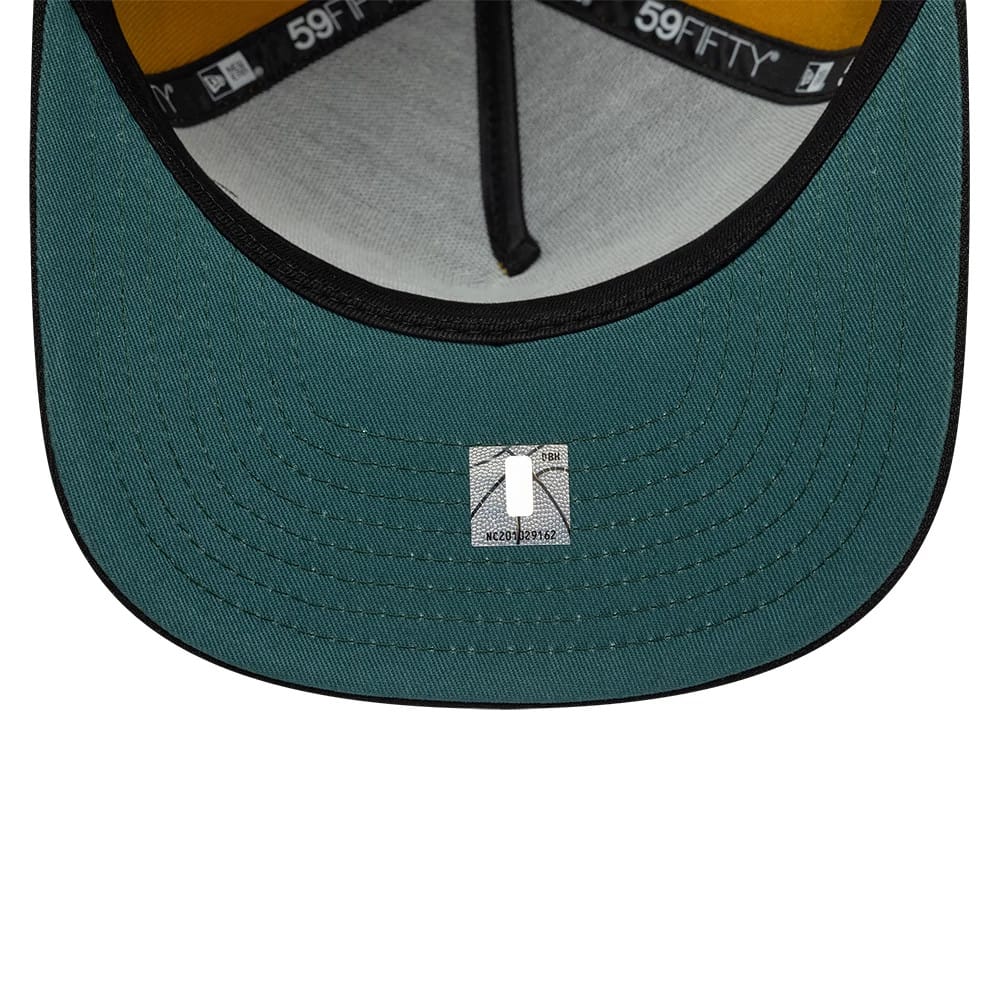 Pictured is this NBA Boston Celtics 59FIFTY A-Frame Fitted cap in gold & black. 2