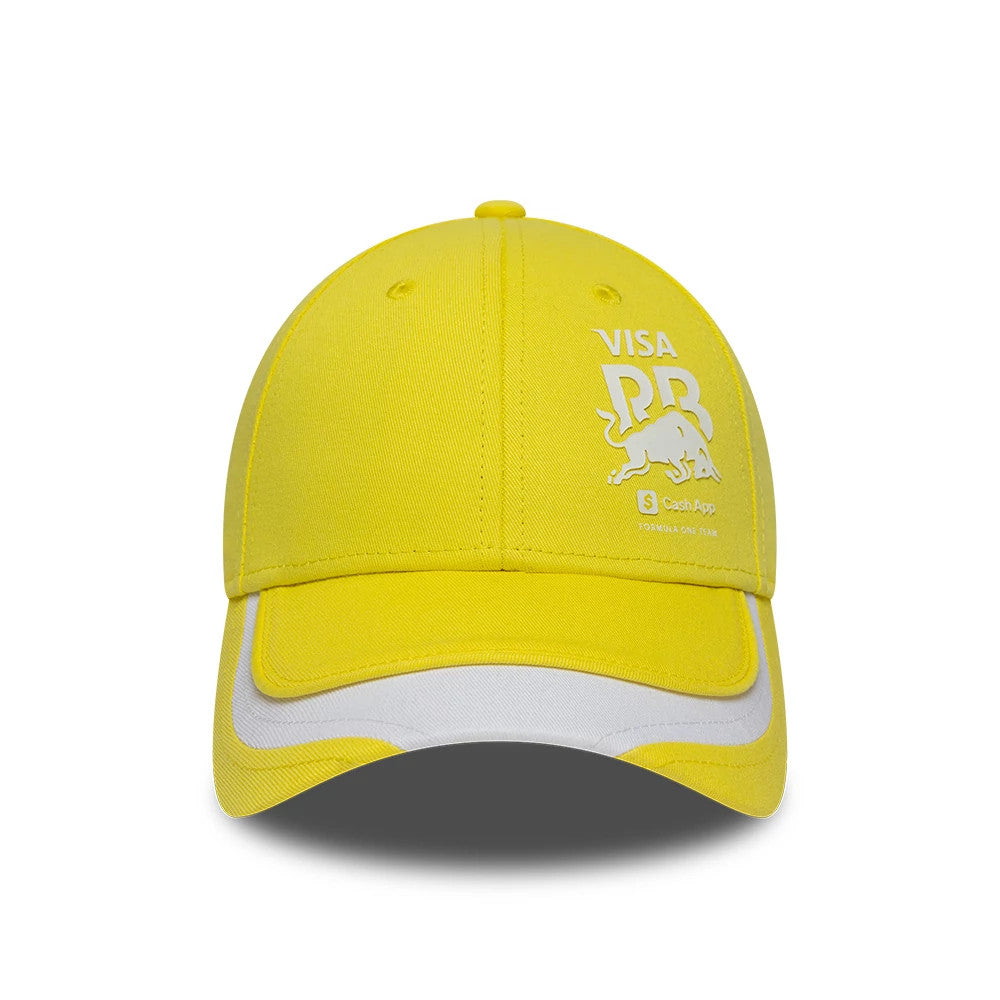 Visa Cash App Racing Bulls Citrus Miami & Madrid Race Special Yellow New Era 9FORTY Adjustable Cap, front view showing a white Visa and bull graphic in raised embroidery on the structured yellow crown.