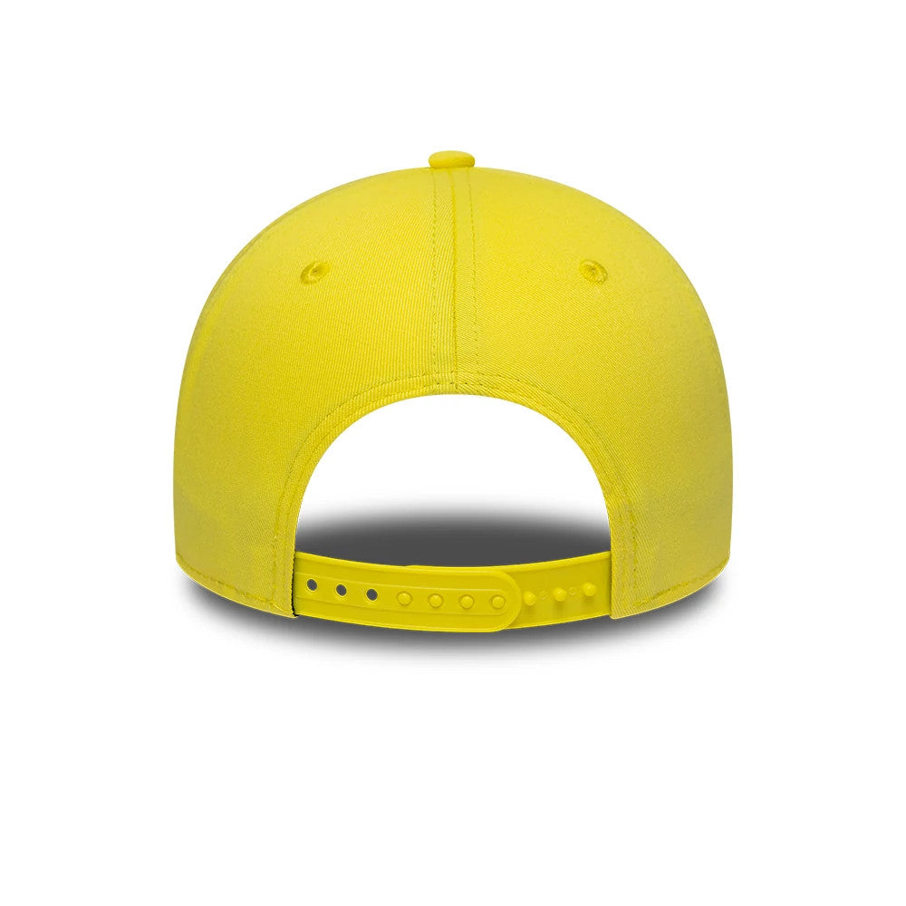 Visa Cash App Racing Bulls Citrus Miami & Madrid Race Special Yellow New Era 9FORTY Adjustable Cap, rear view showing a structured yellow crown with matching embroidered eyelets, a top button, and a yellow adjustable plastic strap for a custom fit.