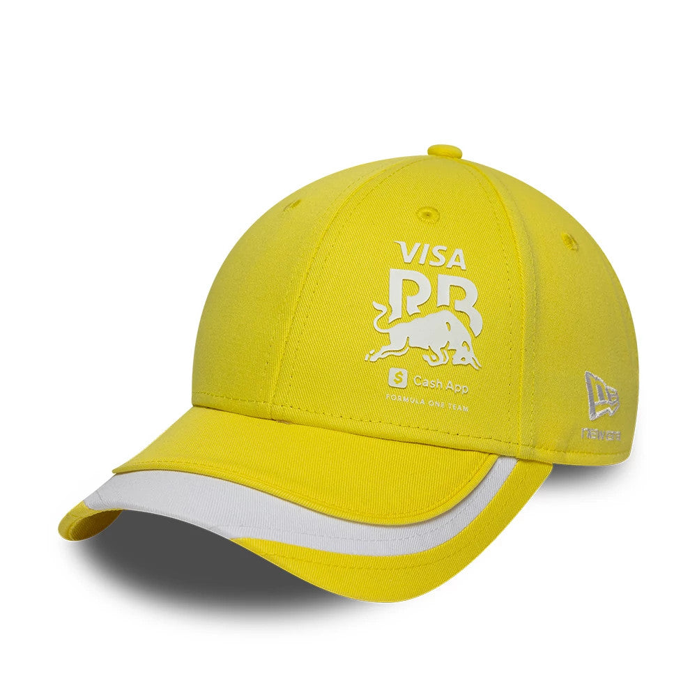 Visa Cash App Racing Bulls Citrus Miami & Madrid Race Special Yellow New Era 9FORTY Adjustable Cap, three-quarter view showing a white Visa RB logo embroidered on the front panel, a curved yellow visor with a white stripe.