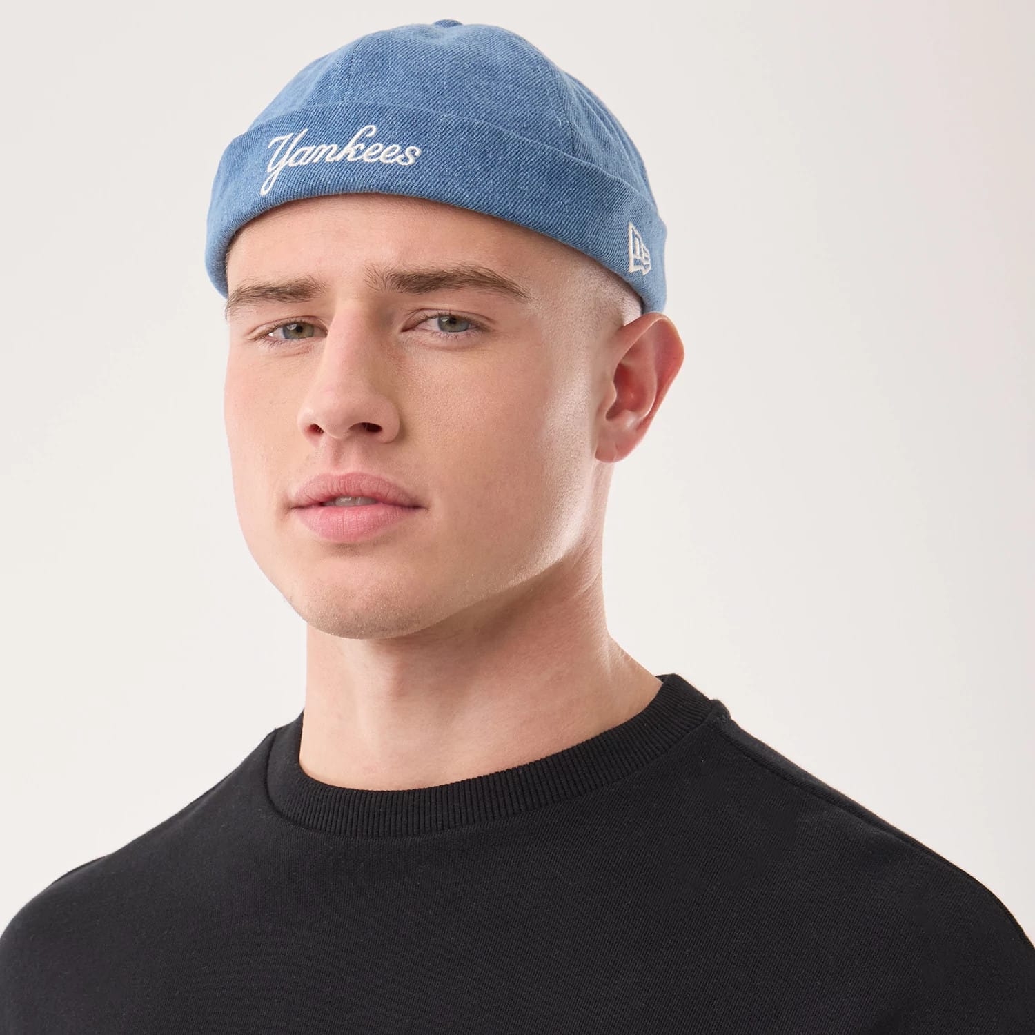 Pictured is this MLB Denim Skully New York Yankees Docker cap in pastel blue. 1