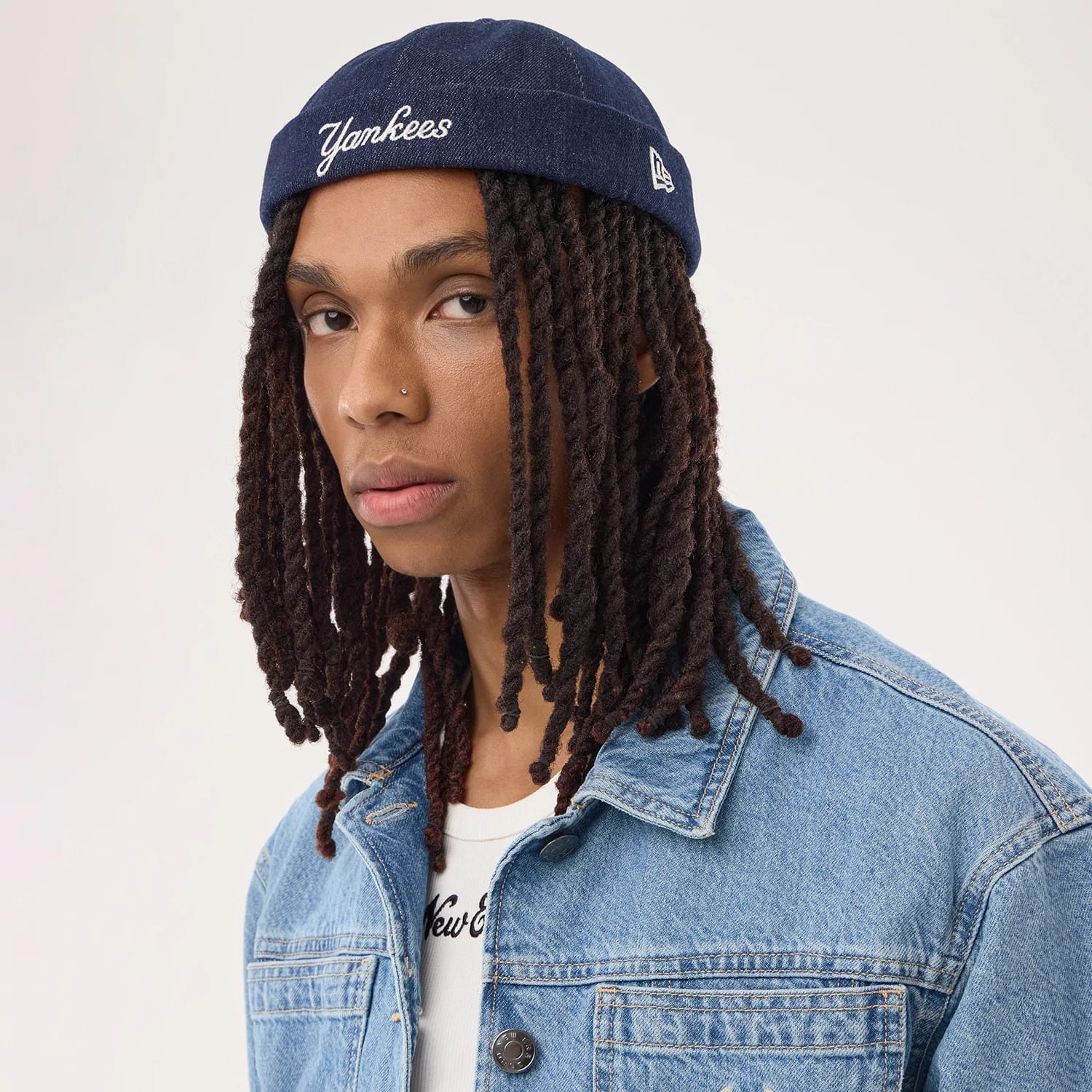 Pictured is this MLB Denim Skully New York Yankees Docker cap in navy. 2