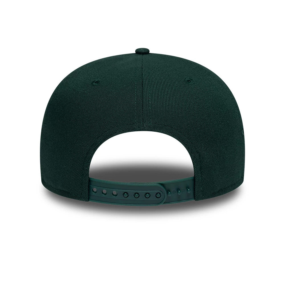 New Era Dark Green 19TWENTY Adjustable Cap, rear view showing the unembellished dark green structured crown with dark green adjustable strap and matching dark green stitched eyelets on the back panels for a seamless, uniform finish.
