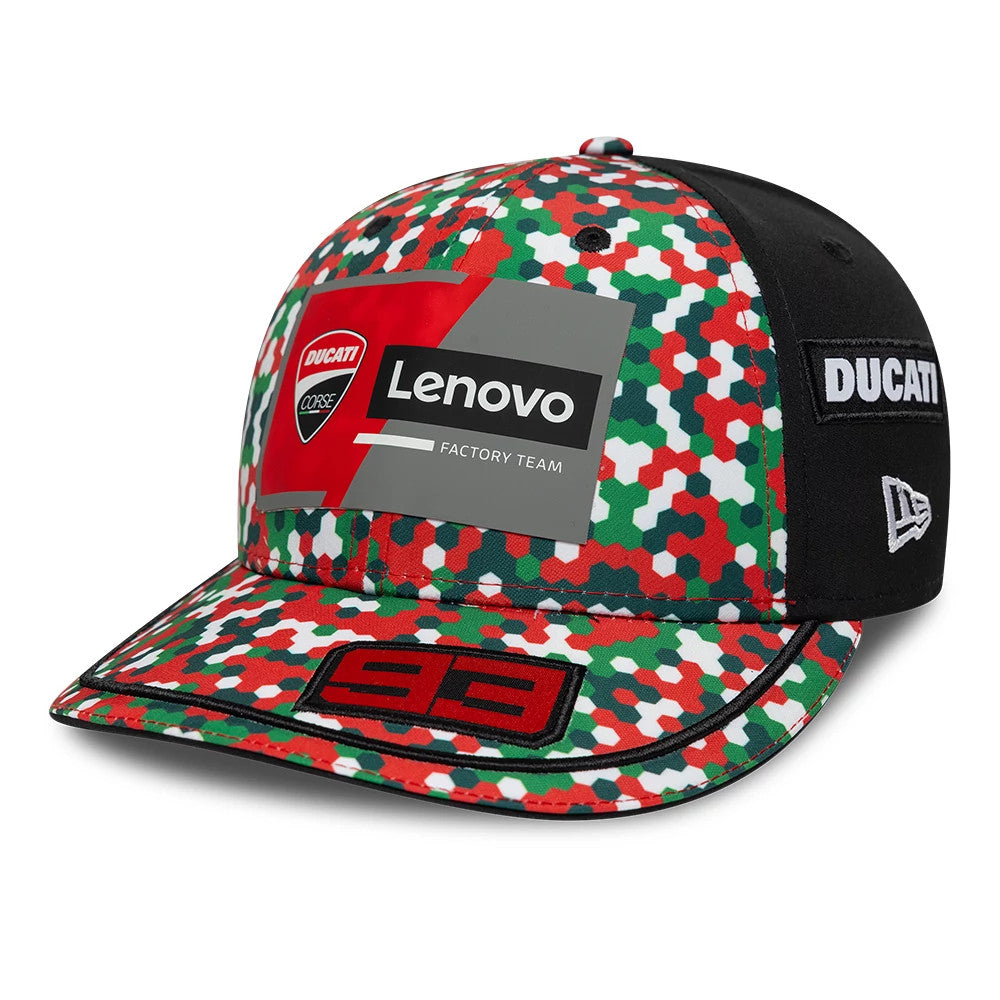 Ducati Motor Replica Marc Márquez Mugello Race Special Multicolor New Era 9FIFTY Low Profile Adjustable Cap, three-quarter view showing the red and green camo pattern on the structured front panel, Lenovo logo patch.