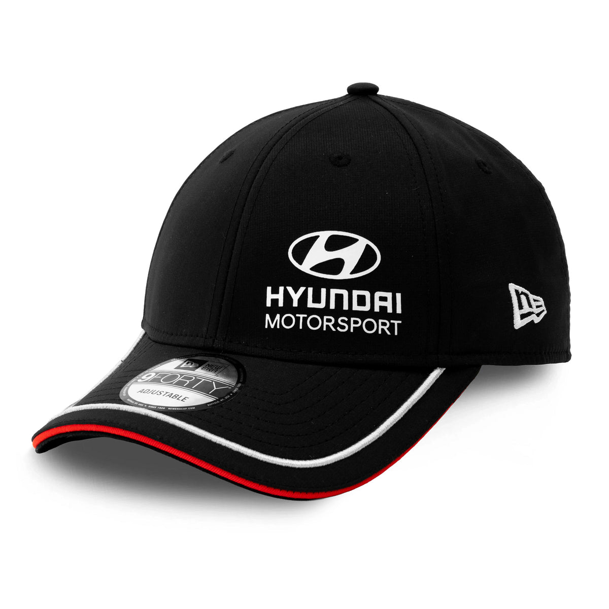 Hyundai Motorsport Black New Era 9FORTY Adjustable Cap, front view showing the white embroidered Hyundai Motorsport logo on the front panel, a black visor with white and red trim, and a 9FORTY size sticker on the visor.