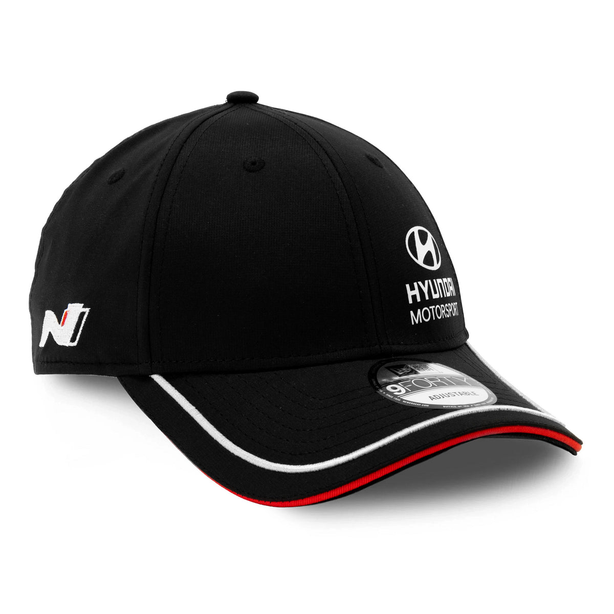 Hyundai Motorsport Black New Era 9FORTY Adjustable Cap, three-quarter view showing the white embroidered Hyundai logo on the front panel, the N logo on the left side, and a black visor with white and red edge and a 9FORTY size sticker.