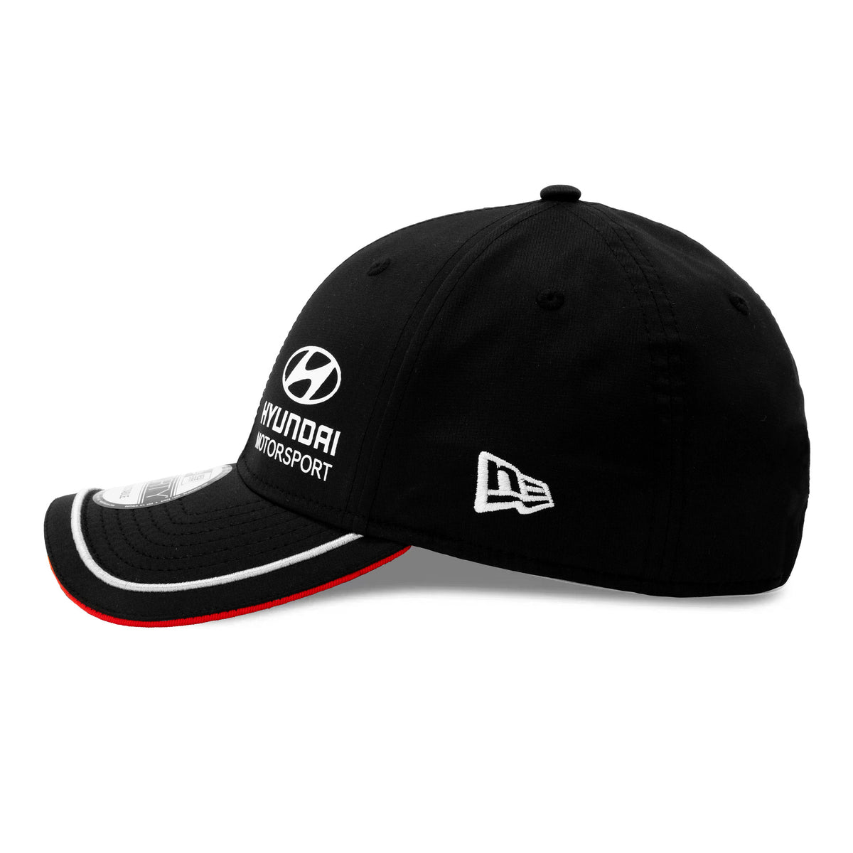 Hyundai Motorsport Black New Era 9FORTY Adjustable Cap, side view showing the embroidered New Era flag logo on the left side, a structured black crown with black eyelets, and a curved black visor with white and red edging.