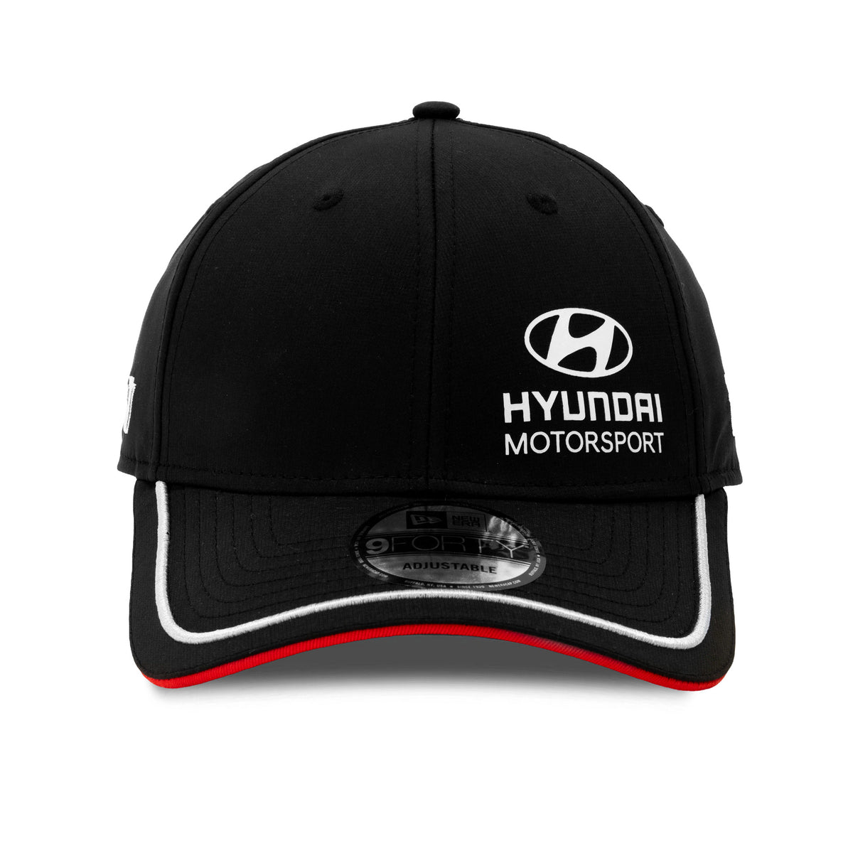 Hyundai Motorsport Black New Era 9FORTY Adjustable Cap, front view showing the white embroidered Hyundai logo and Motorsport text on the crown, with a curved black visor featuring contrasting white piping, a red undervisor, and a 9FORTY size sticker.