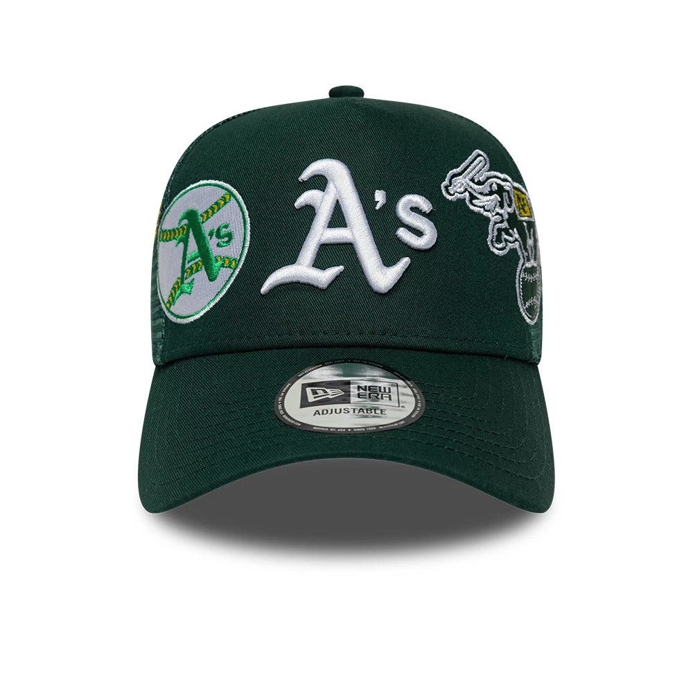 Pictured is this MLB Patch Athletics 9FORTY A-Frame Trucker cap in dark green. 2