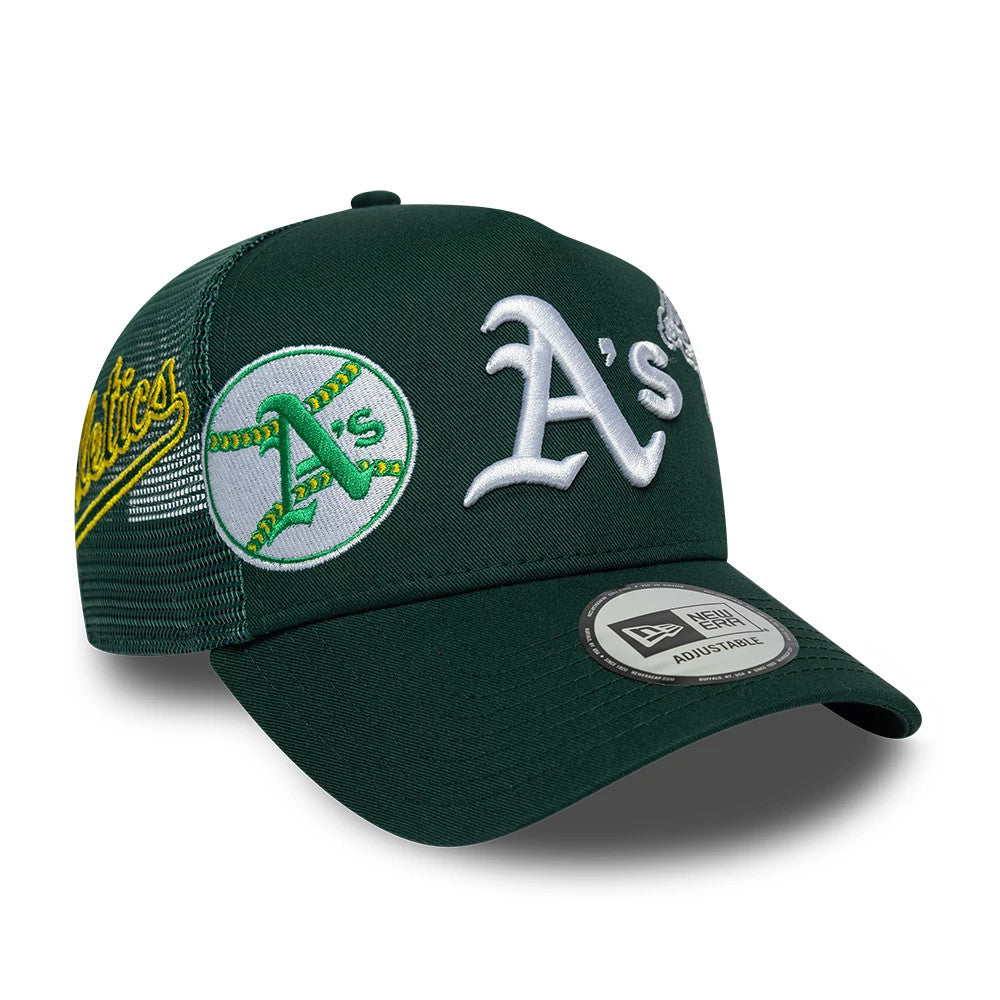 Athletics MLB Patch Dark Green New Era 9FORTY A-Frame Trucker Adjustable Cap, front view showing a prominent raised white embroidered A's logo on the dark green structured front panels, and a New Era 9FORTY size sticker on the curved visor.