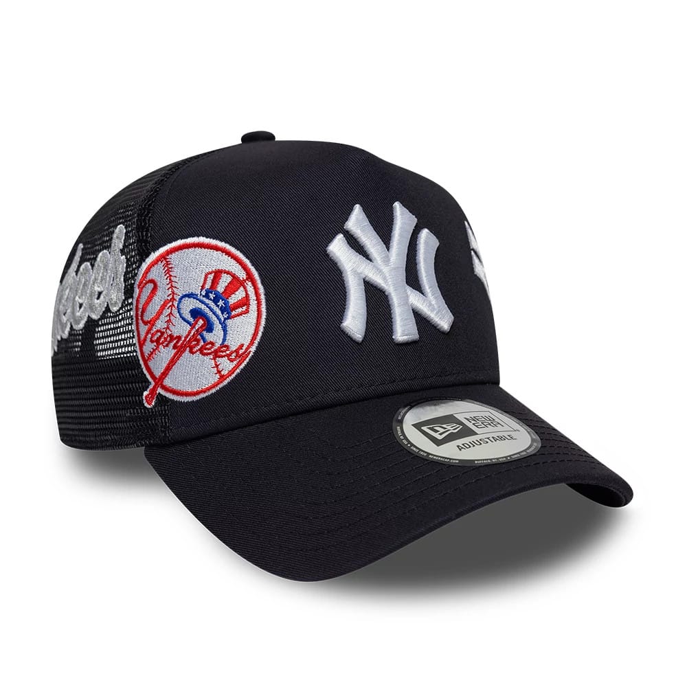 Pictured is this MLB Patch New York Yankees 9FORTY A-Frame Trucker cap in navy. 1